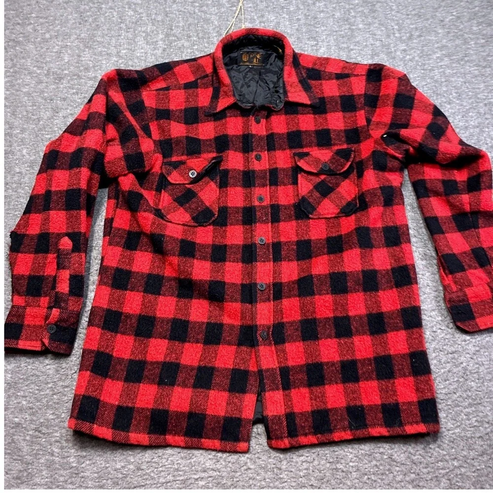 Pine Hill Flannel Shirt Jacket Men L Red Buffalo Plaid Wool Blend Quilted Lining